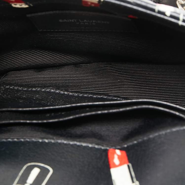 Pre Owned Saint Laurent Black Matelassé Lipstick Print Leather Baby Monogram Crossbody Bag
