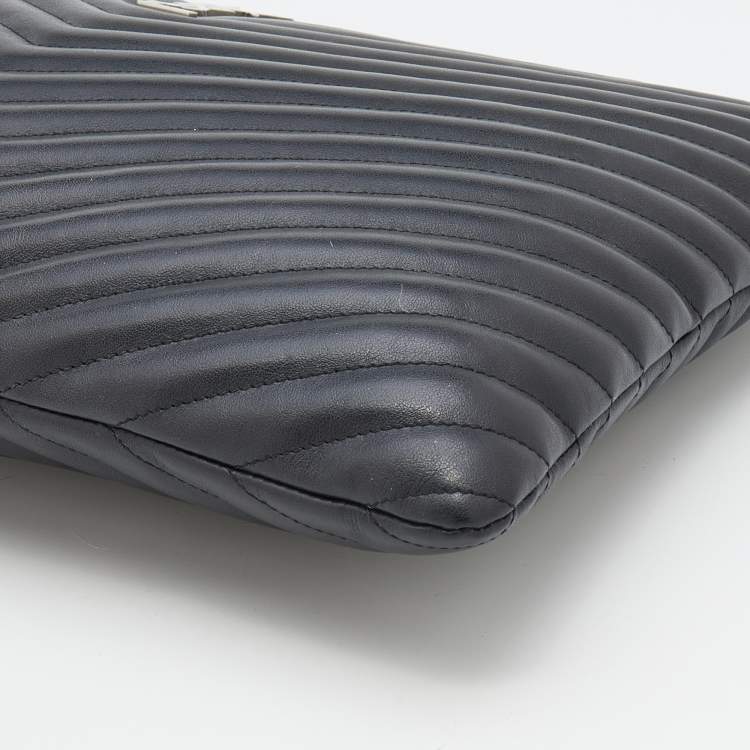 Pre Owned Saint Laurent Black Matelassé Leather Monogram Zip Pouch