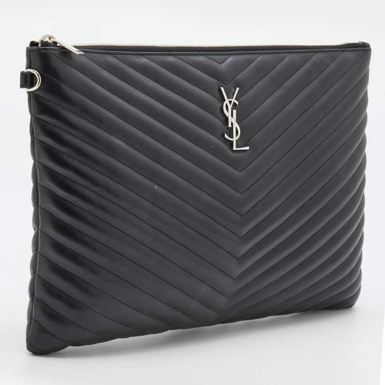 Pre Owned Saint Laurent Black Matelassé Leather Monogram Zip Pouch