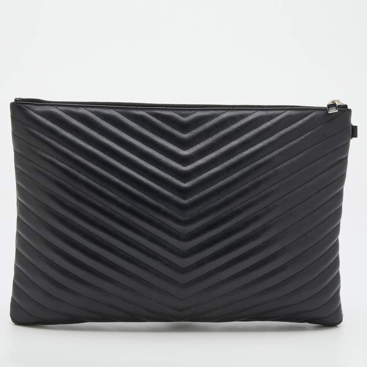 Pre Owned Saint Laurent Black Matelassé Leather Monogram Zip Pouch