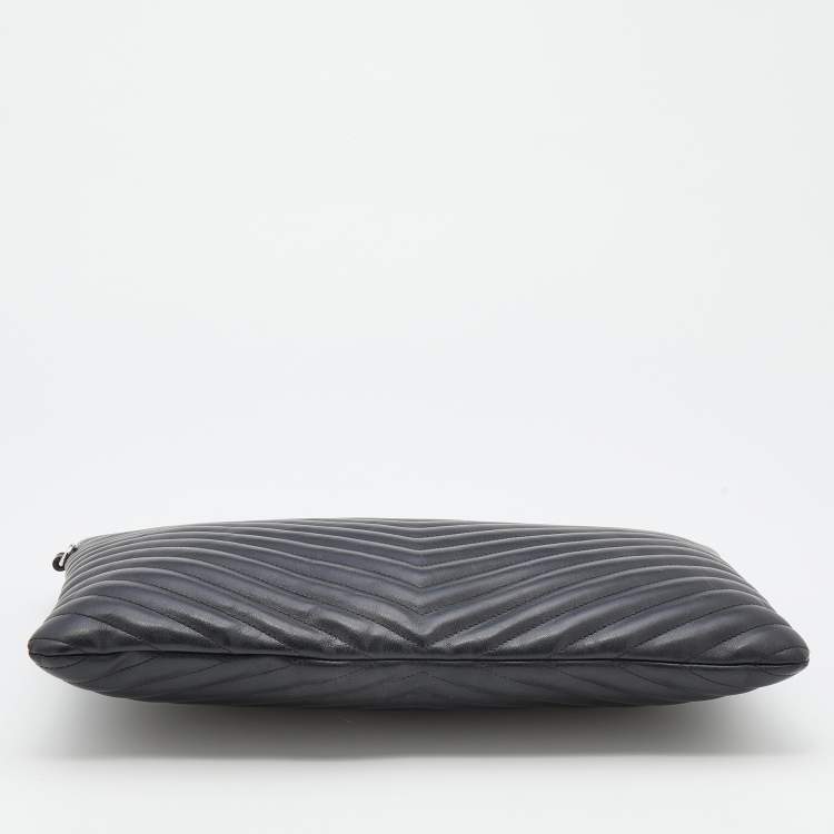 Pre Owned Saint Laurent Black Matelassé Leather Monogram Zip Pouch