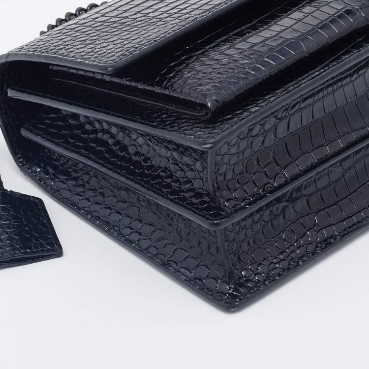 Pre Owned Saint Laurent Black Croc Embossed Leather Medium Sunset Shoulder Bag