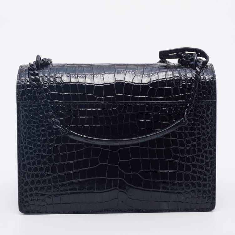 Pre Owned Saint Laurent Black Croc Embossed Leather Medium Sunset Shoulder Bag