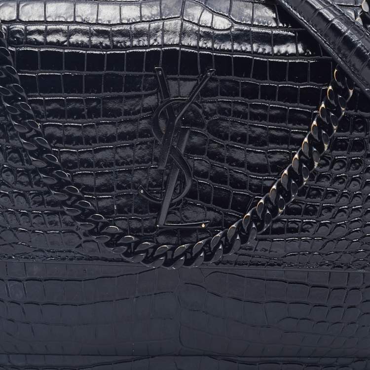 Pre Owned Saint Laurent Black Croc Embossed Leather Medium Sunset Shoulder Bag