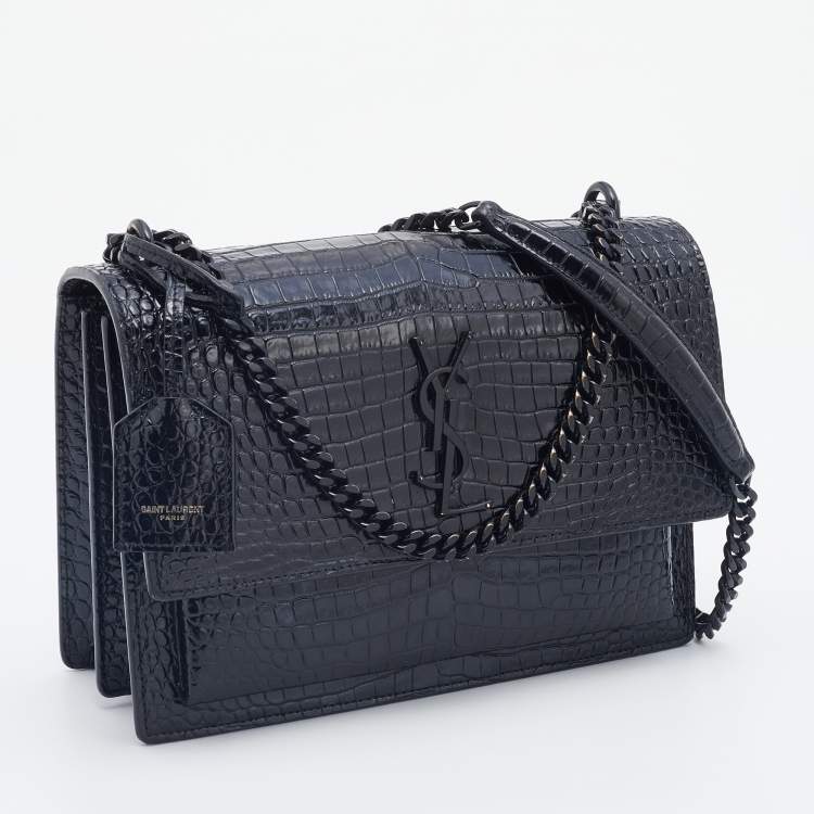Pre Owned Saint Laurent Black Croc Embossed Leather Medium Sunset Shoulder Bag
