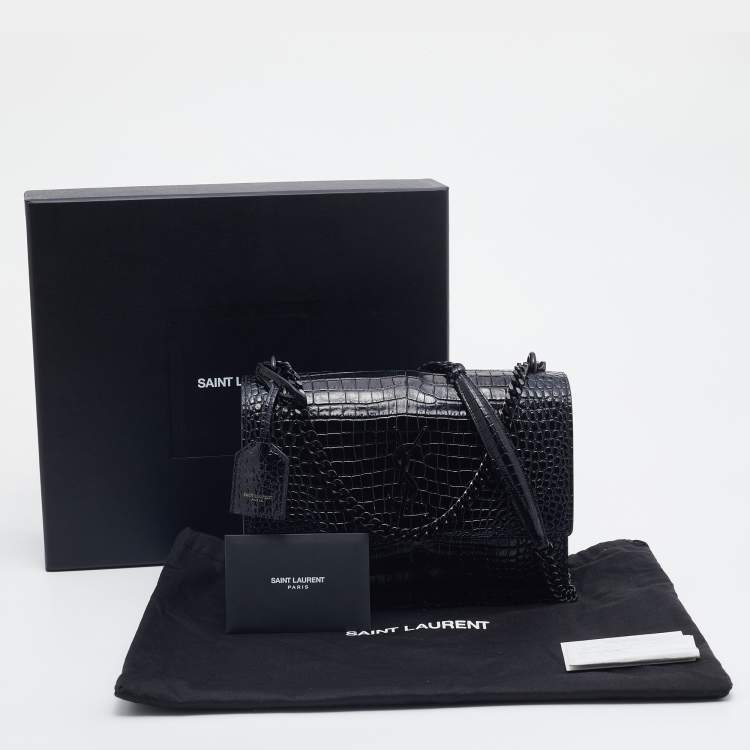 Pre Owned Saint Laurent Black Croc Embossed Leather Medium Sunset Shoulder Bag