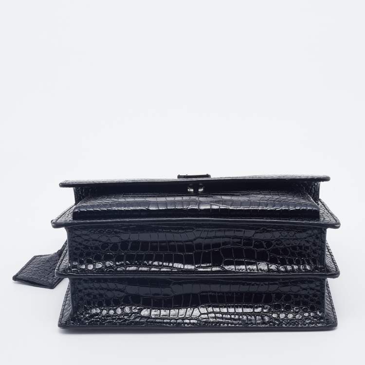 Pre Owned Saint Laurent Black Croc Embossed Leather Medium Sunset Shoulder Bag