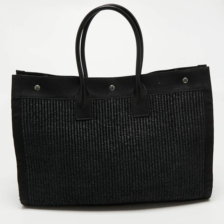 Pre Owned Saint Laurent Black Raffia and Canvas Rive Gauche Tote