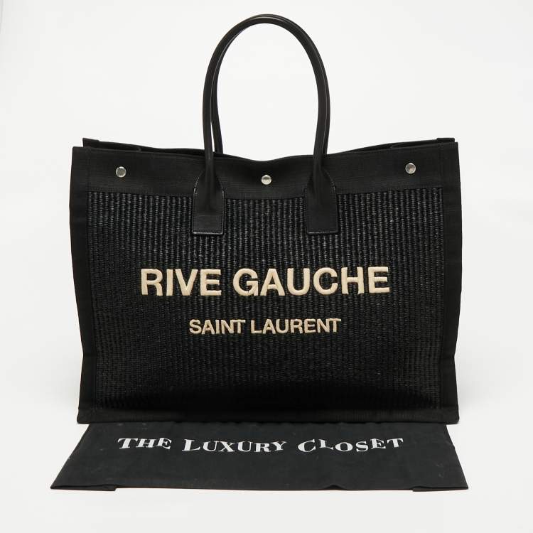Pre Owned Saint Laurent Black Raffia and Canvas Rive Gauche Tote