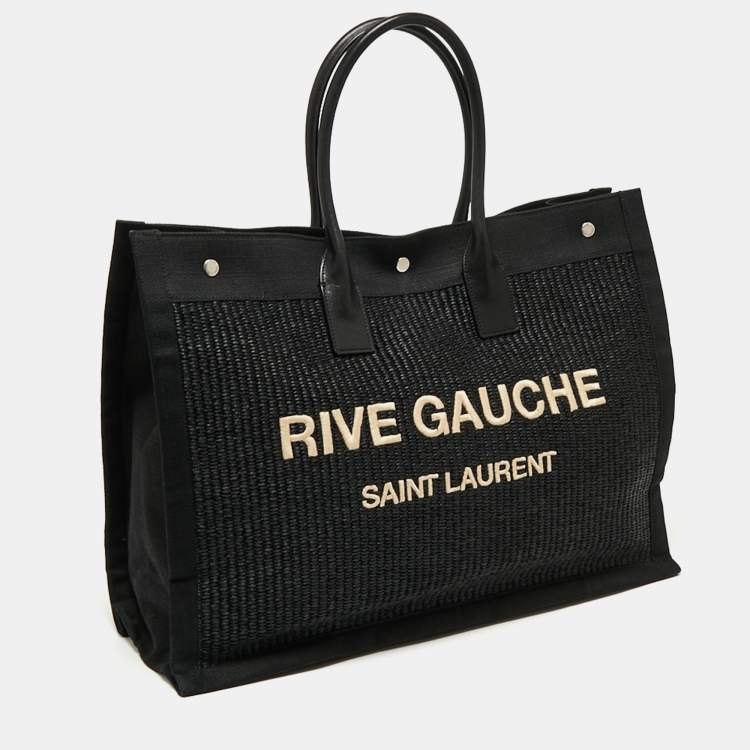 Pre Owned Saint Laurent Black Raffia and Canvas Rive Gauche Tote