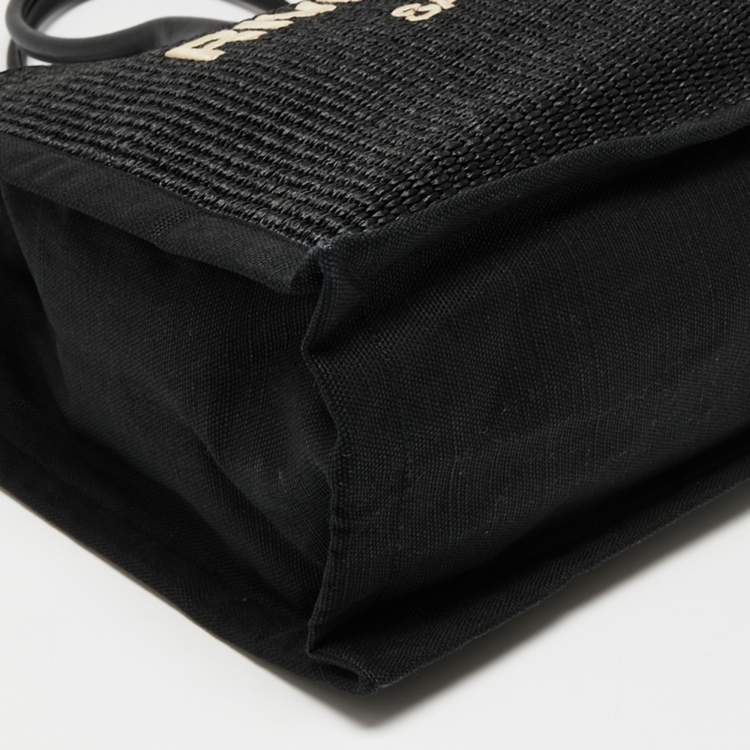 Pre Owned Saint Laurent Black Raffia and Canvas Rive Gauche Tote