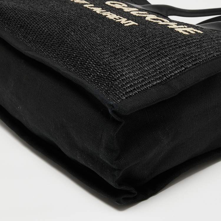 Pre Owned Saint Laurent Black Raffia and Canvas Rive Gauche Tote