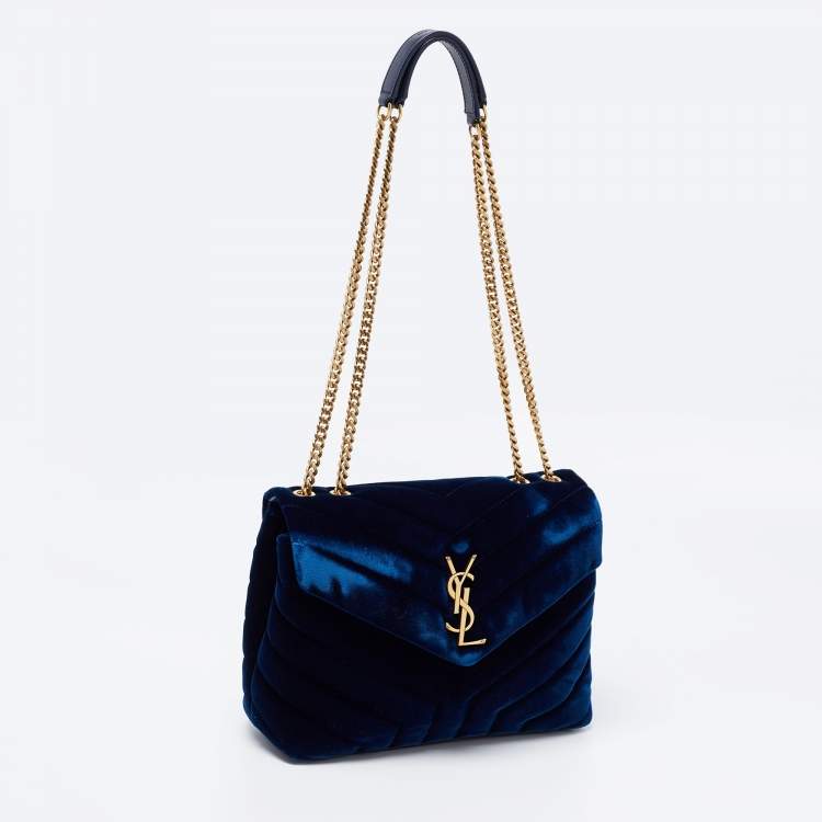 Pre Owned Saint Laurent Blue Velvet and Leather Small Loulou Shoulder Bag