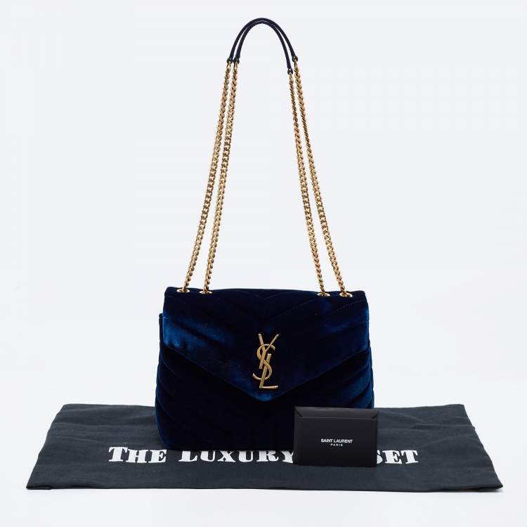 Pre Owned Saint Laurent Blue Velvet and Leather Small Loulou Shoulder Bag