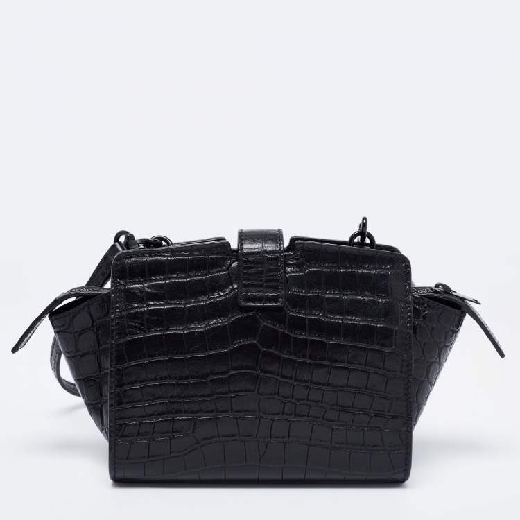 Pre Owned Saint Laurent Black Croc Embossed Leather  Cabas Shoulder Bag