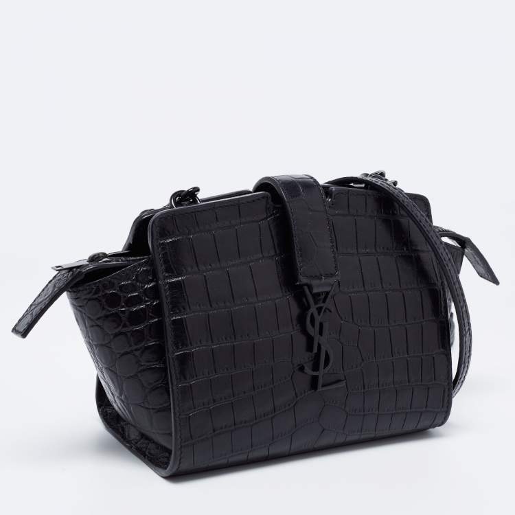 Pre Owned Saint Laurent Black Croc Embossed Leather  Cabas Shoulder Bag