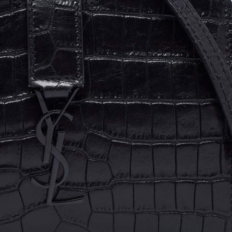 Pre Owned Saint Laurent Black Croc Embossed Leather  Cabas Shoulder Bag