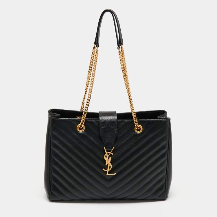 Pre Owned Saint Laurent Black Matelasse Leather Cassandre Shopper Tote