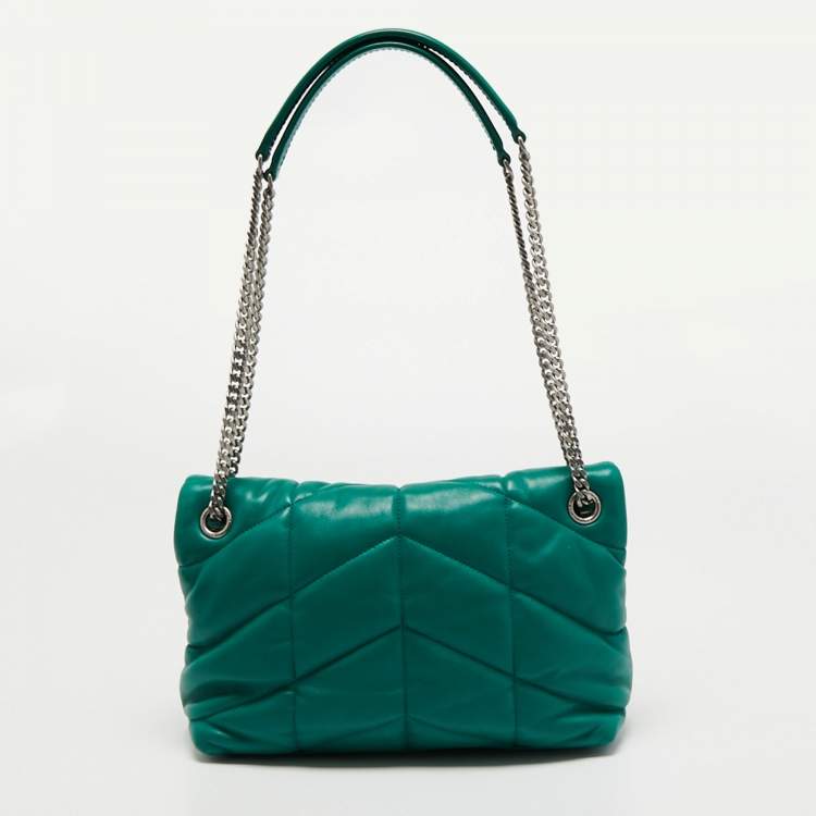 Pre Owned Saint Laurent Green Leather Small Puffer Chain Shoulder Bag