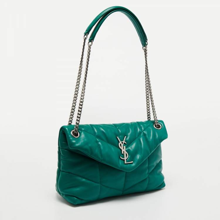 Pre Owned Saint Laurent Green Leather Small Puffer Chain Shoulder Bag
