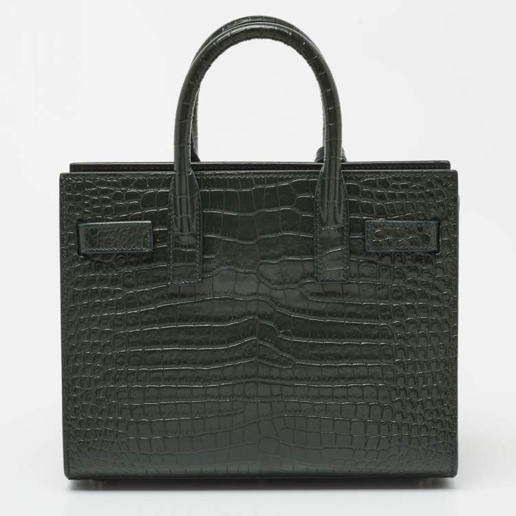Pre Owned Saint Laurent Green Croc Embossed Leather Nano Classic Sac De Jour Tote