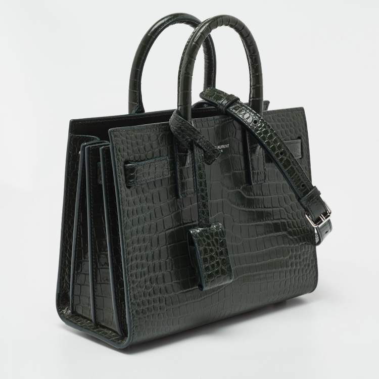 Pre Owned Saint Laurent Green Croc Embossed Leather Nano Classic Sac De Jour Tote