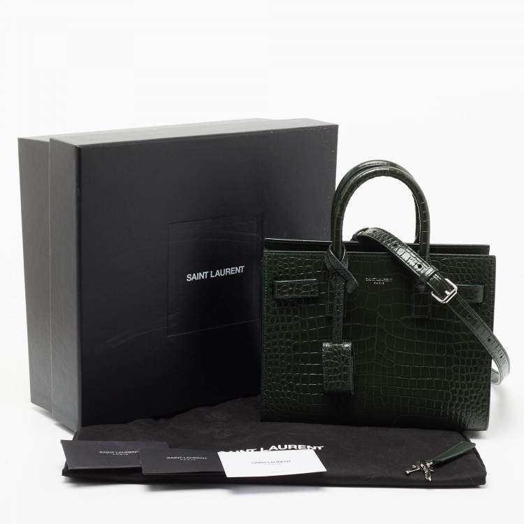 Pre Owned Saint Laurent Green Croc Embossed Leather Nano Classic Sac De Jour Tote