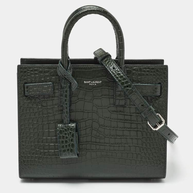 Pre Owned Saint Laurent Green Croc Embossed Leather Nano Classic Sac De Jour Tote