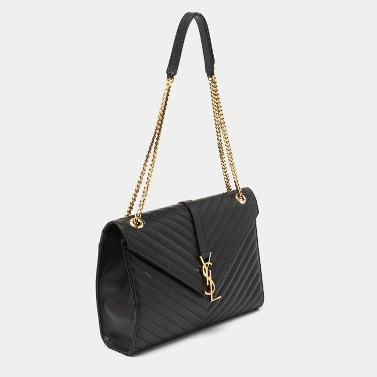Pre Owned Saint Laurent Black Matelasse Leather Large Monogram Envelope Shoulder Bag