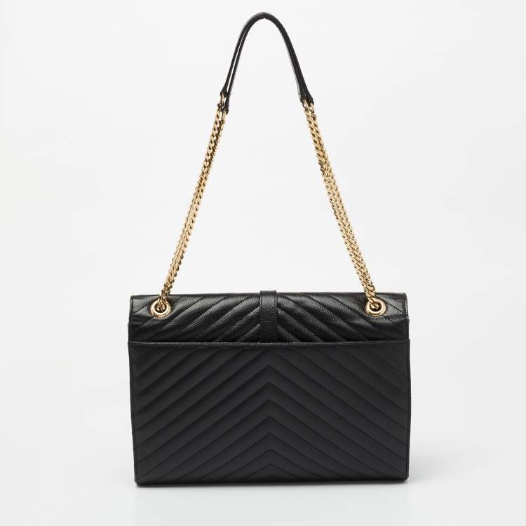 Pre Owned Saint Laurent Black Matelasse Leather Large Monogram Envelope Shoulder Bag