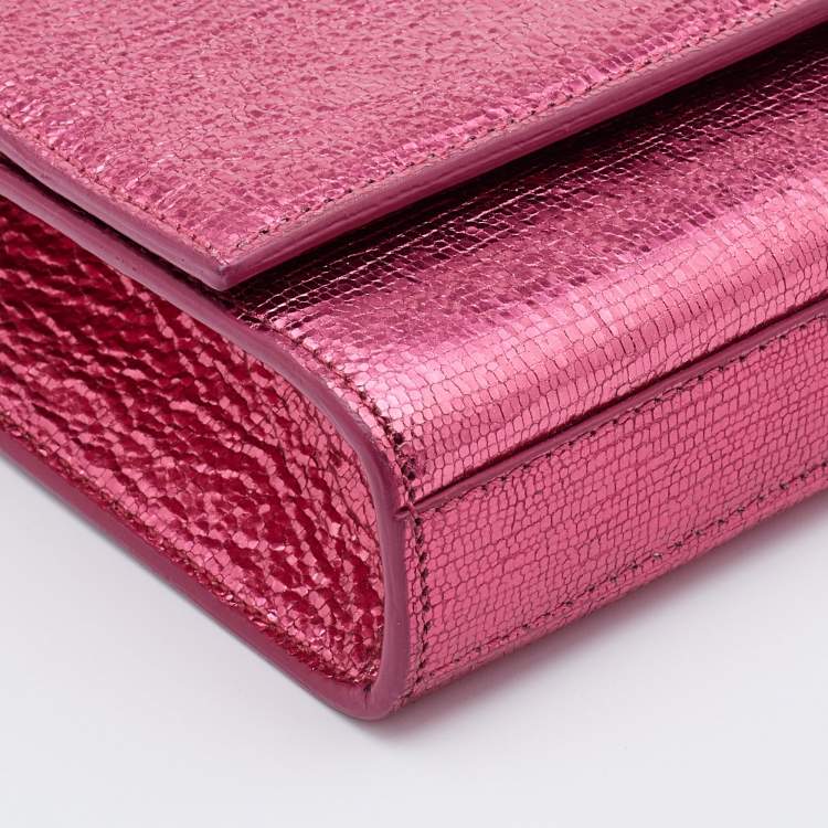 Pre Owned Saint Laurent Metallic Pink Texture Leather Kate Flap Clutch