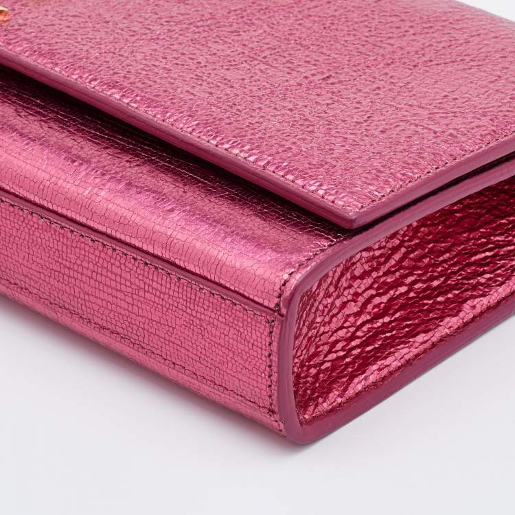 Pre Owned Saint Laurent Metallic Pink Texture Leather Kate Flap Clutch