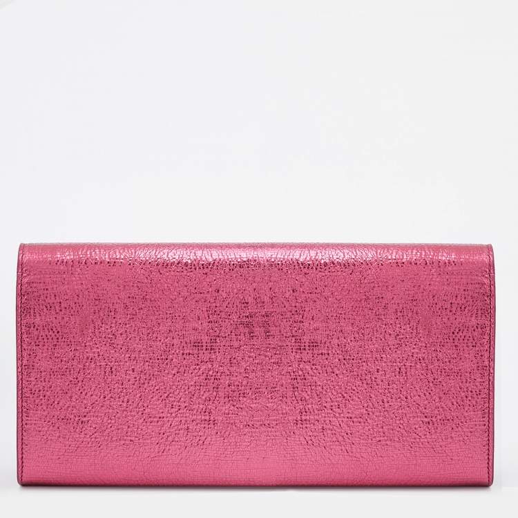 Pre Owned Saint Laurent Metallic Pink Texture Leather Kate Flap Clutch
