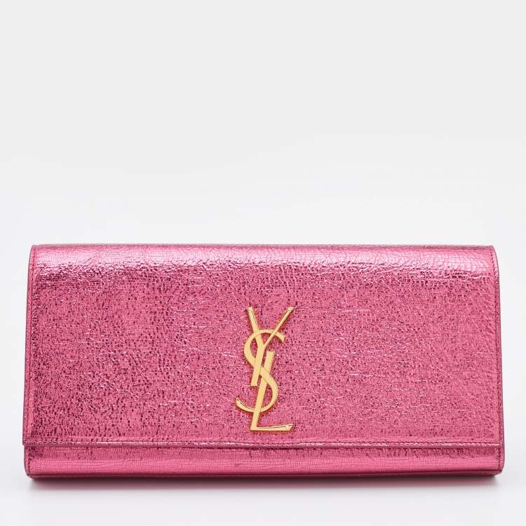 Pre Owned Saint Laurent Metallic Pink Texture Leather Kate Flap Clutch