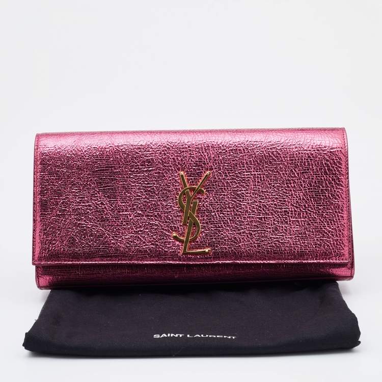 Pre Owned Saint Laurent Metallic Pink Texture Leather Kate Flap Clutch