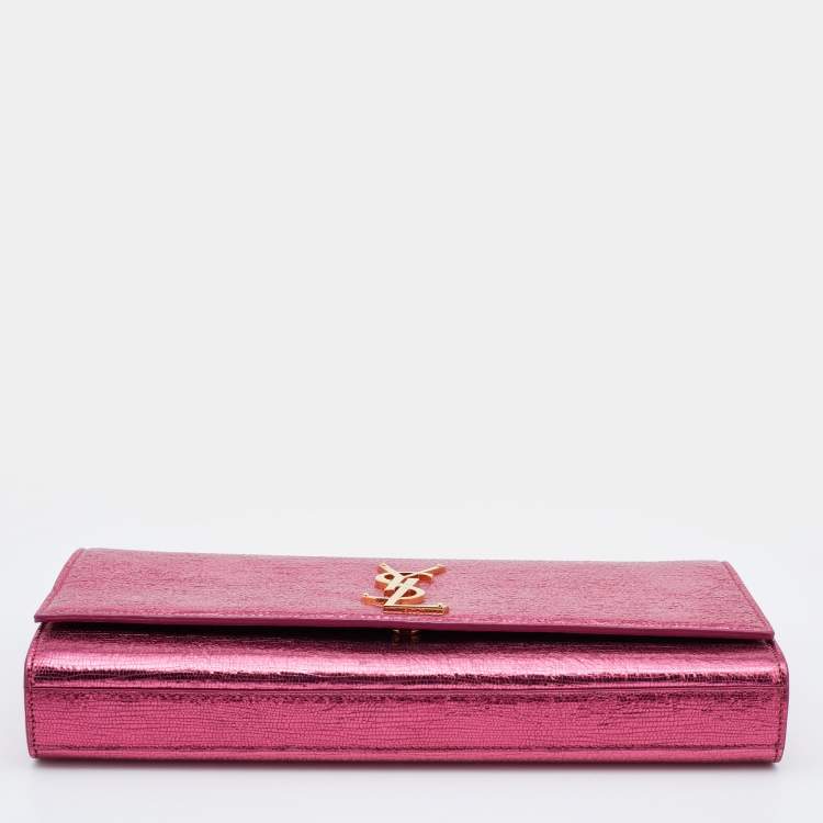 Pre Owned Saint Laurent Metallic Pink Texture Leather Kate Flap Clutch