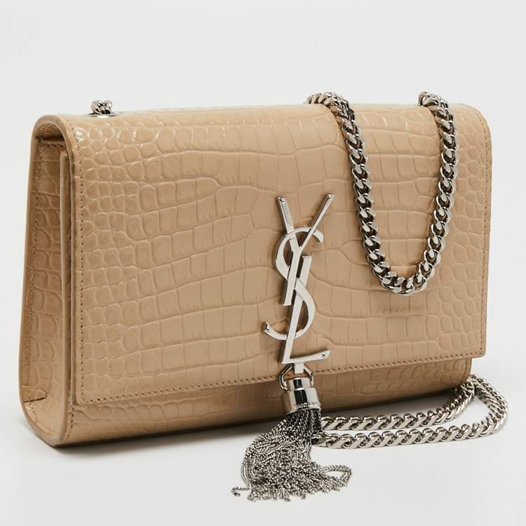 Pre Owned Saint Laurent Beige Croc Embossed Leather Small Kate Crossbody Bag