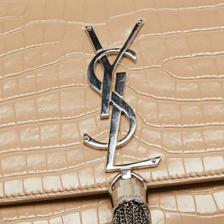 Pre Owned Saint Laurent Beige Croc Embossed Leather Small Kate Crossbody Bag