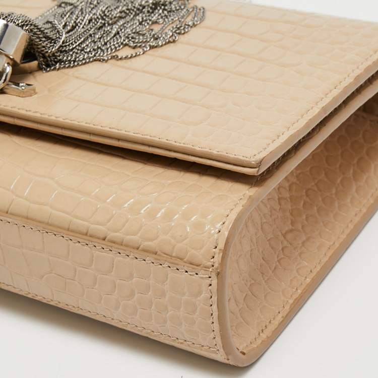 Pre Owned Saint Laurent Beige Croc Embossed Leather Small Kate Crossbody Bag