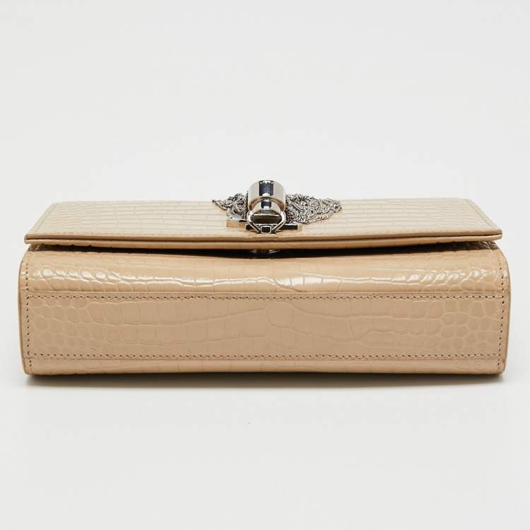 Pre Owned Saint Laurent Beige Croc Embossed Leather Small Kate Crossbody Bag