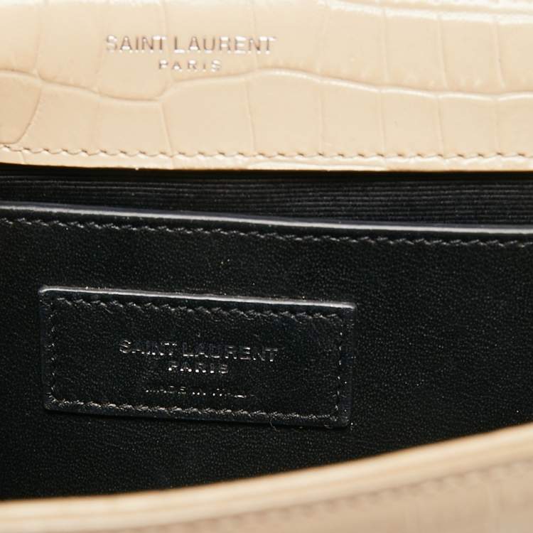 Pre Owned Saint Laurent Beige Croc Embossed Leather Small Kate Crossbody Bag