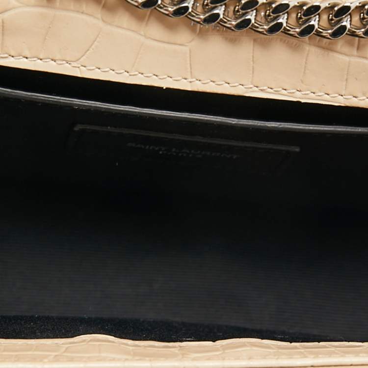 Pre Owned Saint Laurent Beige Croc Embossed Leather Small Kate Crossbody Bag