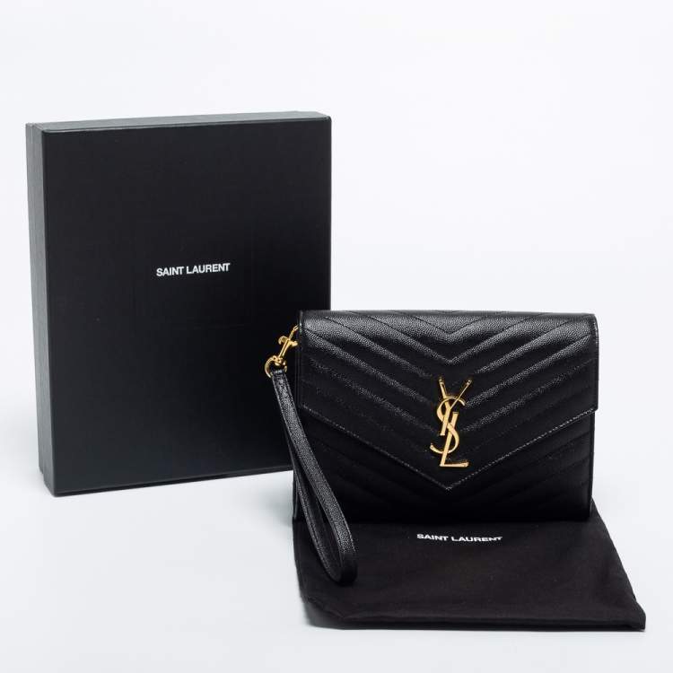 Pre Owned Saint Laurent Black Matelassé Leather Cassandre Wristlet Pouch