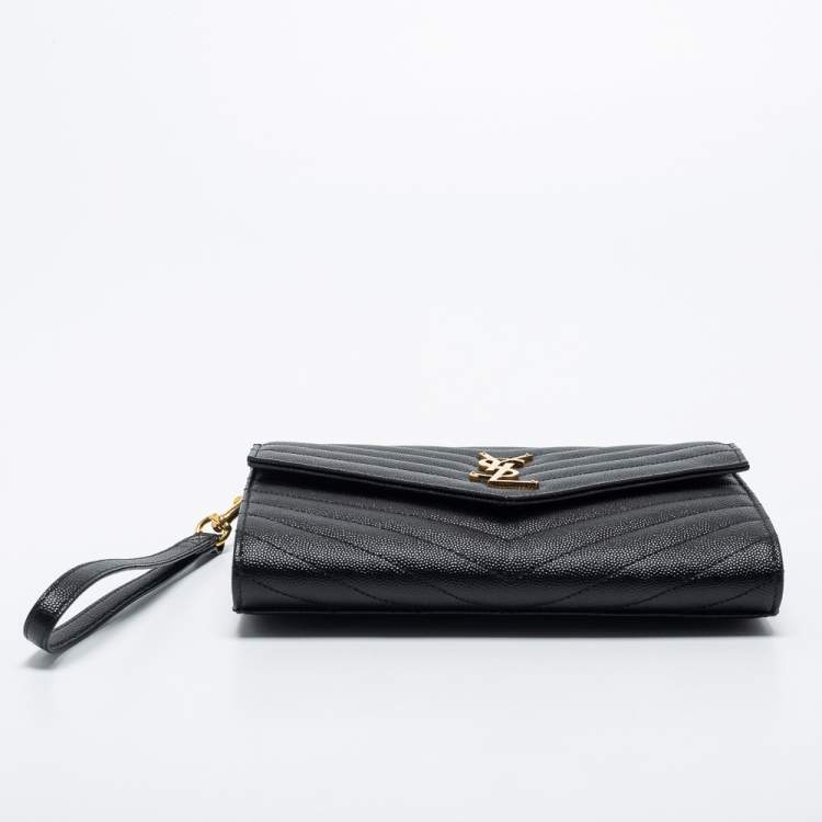 Pre Owned Saint Laurent Black Matelassé Leather Cassandre Wristlet Pouch