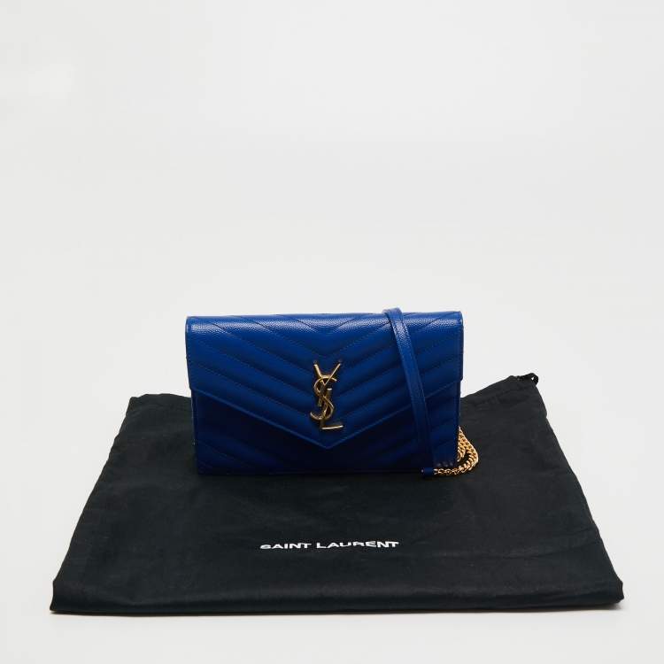 Pre Owned Saint Laurent Blue Matelassé Leather Monogram Envelope Wallet on Chain