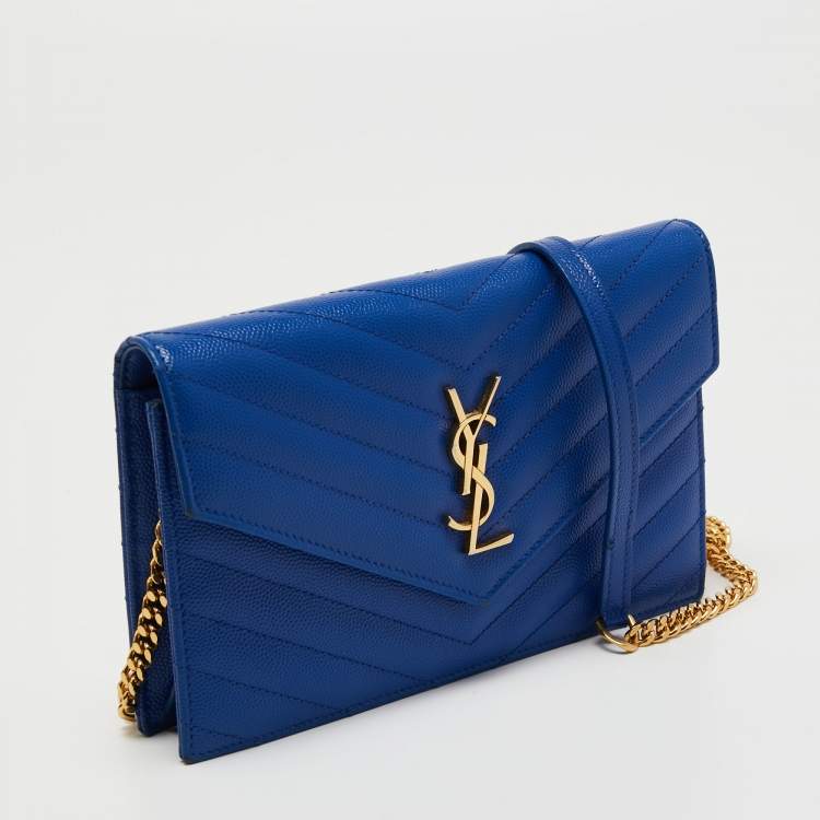 Pre Owned Saint Laurent Blue Matelassé Leather Monogram Envelope Wallet on Chain