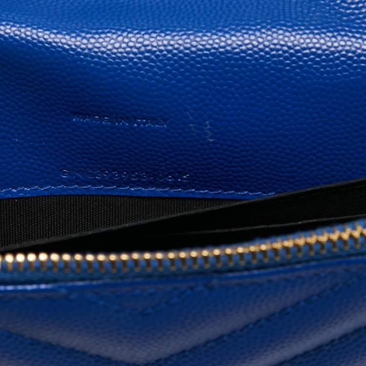 Pre Owned Saint Laurent Blue Matelassé Leather Monogram Envelope Wallet on Chain