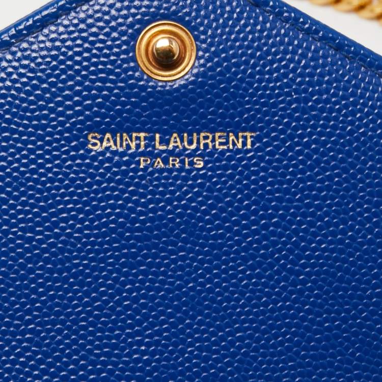 Pre Owned Saint Laurent Blue Matelassé Leather Monogram Envelope Wallet on Chain