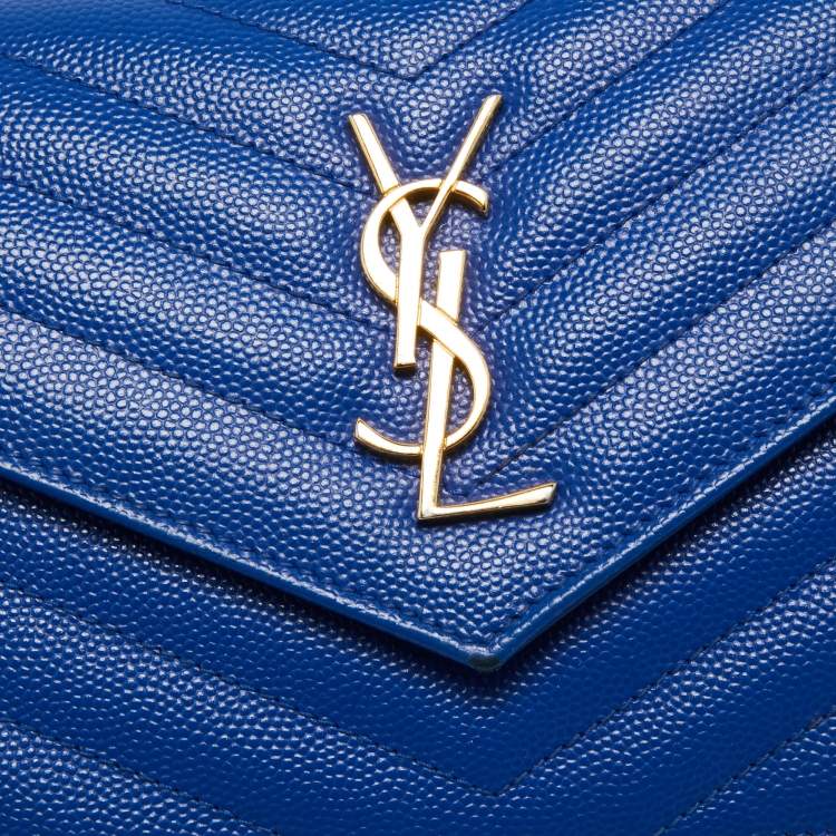 Pre Owned Saint Laurent Blue Matelassé Leather Monogram Envelope Wallet on Chain