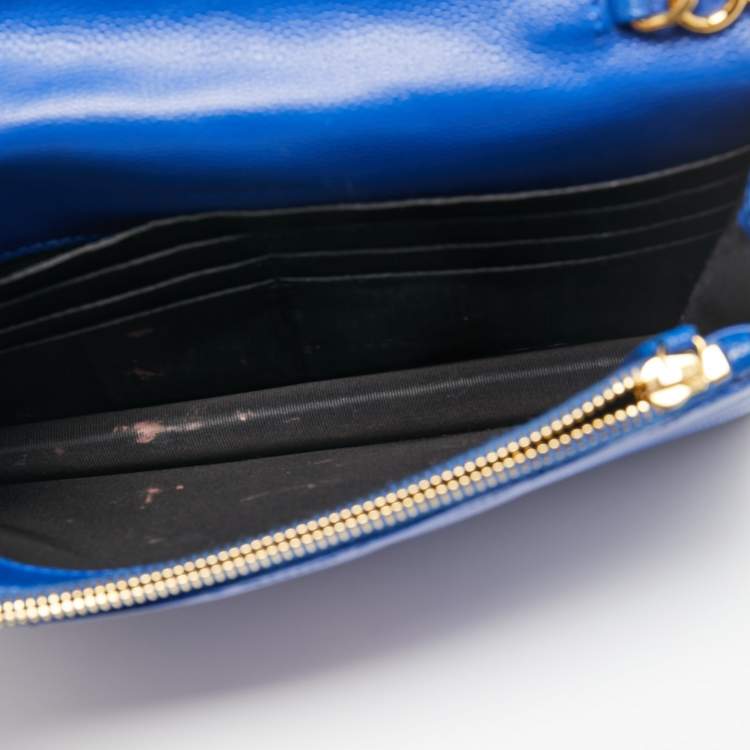 Pre Owned Saint Laurent Blue Matelassé Leather Monogram Envelope Wallet on Chain